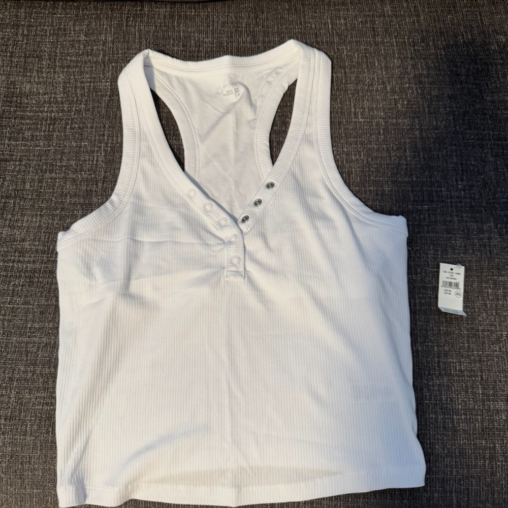 Aerie White Ribbed Tank Top with Button Detail
